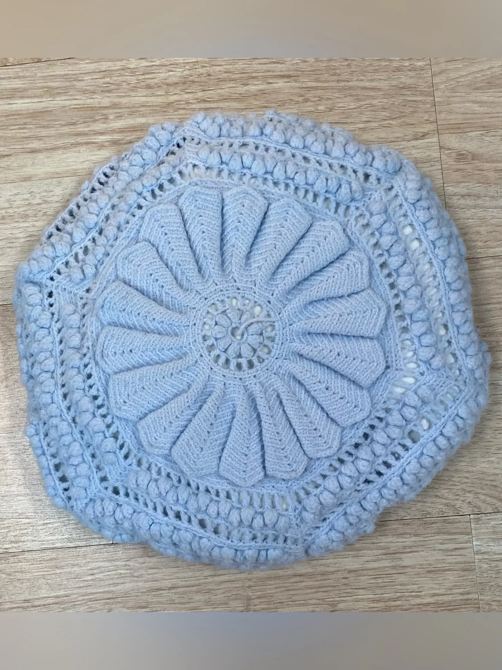 Vintage Handmade Throw Pillow Light Blue Approx 13 X 13 Inch Round Hexagon Shape